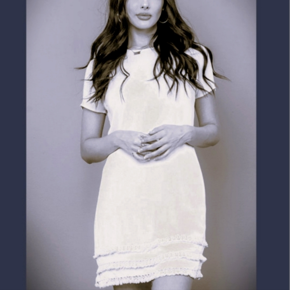 White short sleeve eyelet fring trim mini dress